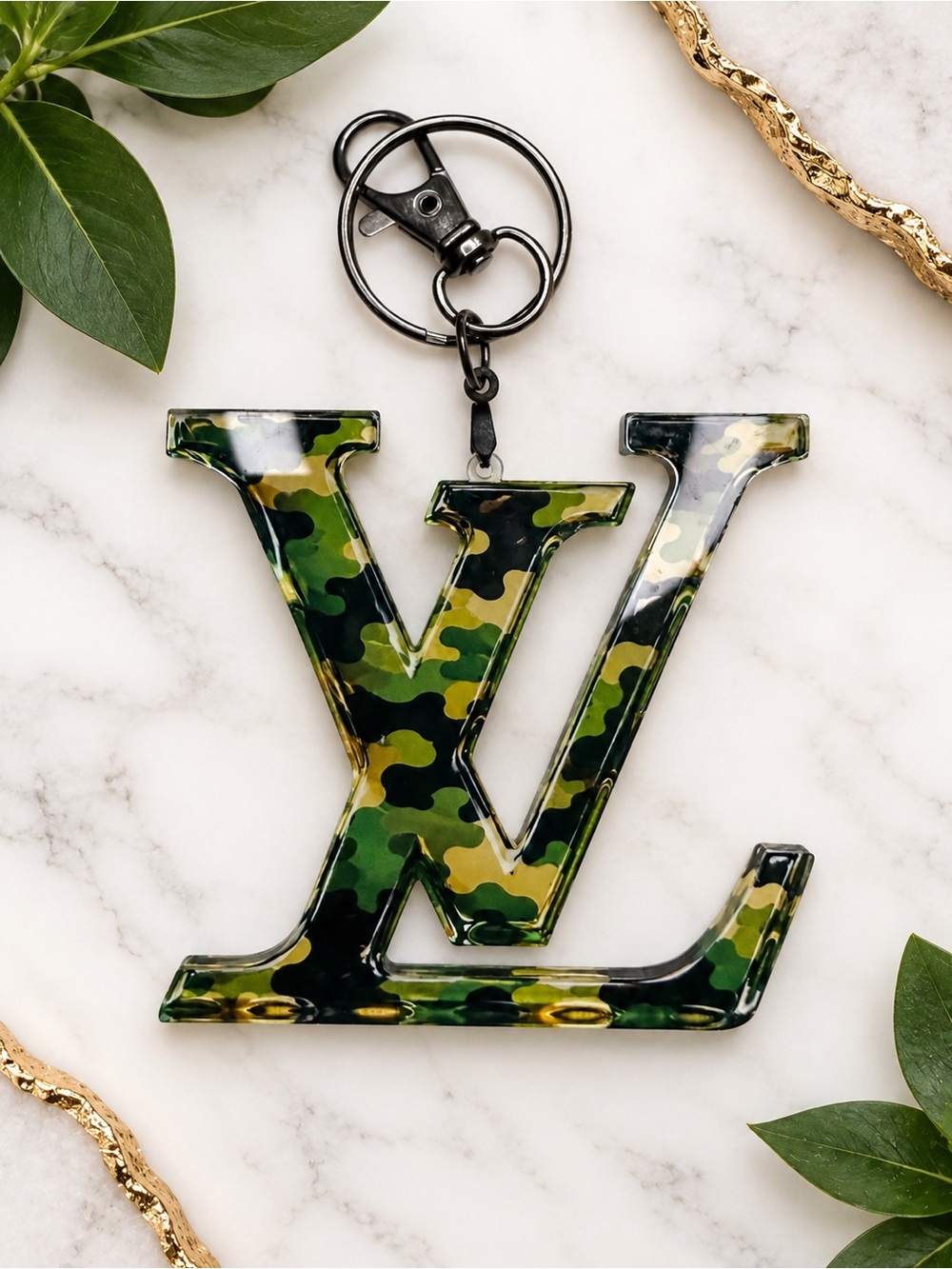 Camo Monogram Acrylic Bag Charm Keychain – Green Black Camouflage